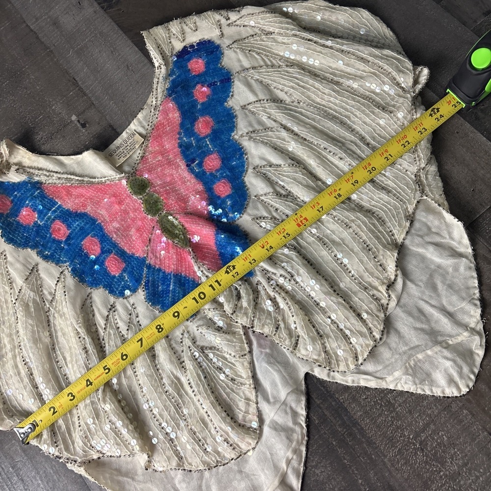 Vintage Butterfly Beaded & Sequins Queen Top Made In India Party Shirt Silk M/L - Picture 10 of 13